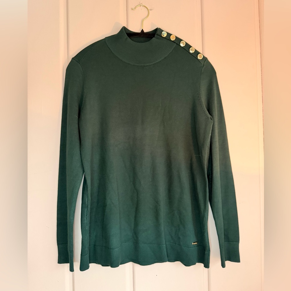 Calvin Klein Dark Green Turtleneck Sweater with gold Button Accents